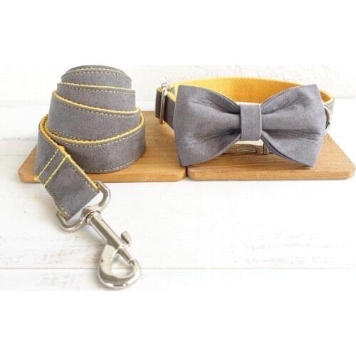 Gray cover yellow dog collar and leash set with bow tie for pet dog cat free engrave name ID