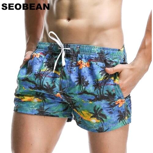 SEOBEAN Summer Style Men Sea Beach Shorts Coconut Tree Leaf Print Board Shorts Men Quick Dry Shorts Trunks