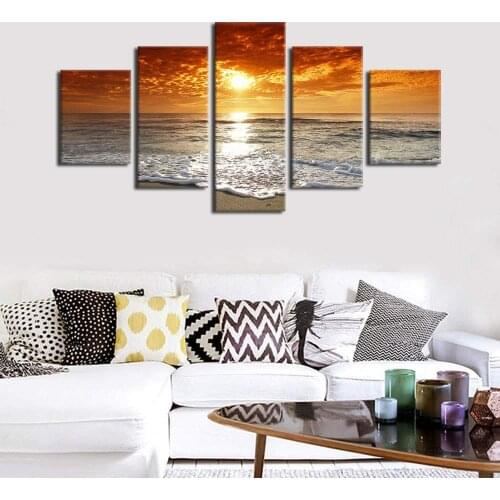 Modern Home Wall Art Decor Frame Modular Canvas Oil Pictures HD Print Painting 5 Panel Ocean Sunset Beach Seascape Poster