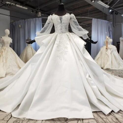 Serene Hill Ivory Puff Lantern Sleeves Sexy Wedding Dress 2020 Handmade Flowers Pearls Luxury Bridal Gown Custom Made CHX0194