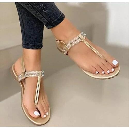 TELOTUNY Sandals Womens Ladies Flat Crystal Rhinestone Buckle Strap Flip Flops Sandals 2021 Summer Non-Slip Open Toe Shoes