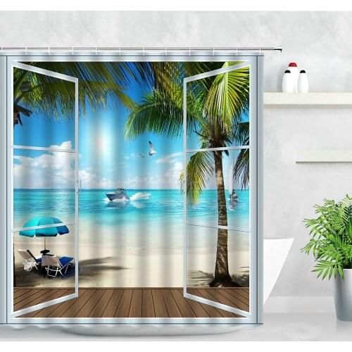 Seaside Scenery Shower Curtain Creative Window Retro Wood Grain Beach Palm Trees Ocean Landscape Decor Cloth Bathroom Curtains
