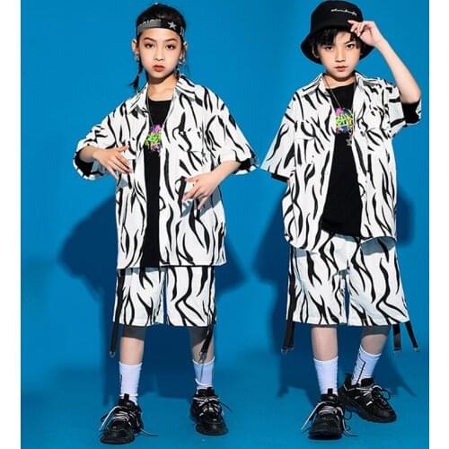 Kids Hip Hop Costume Jazz Dance Clothes Zebra Print Shirts Short Sleeve Suit Girls Modern Performance Rave Street Wear BL6000