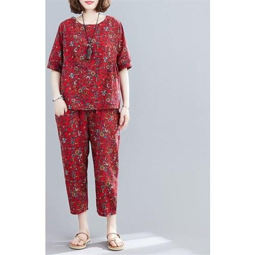 2021 New Summer Middle Aged Tracksuit Women Casual Fashion Loose Two Piece Suit Plus Size 5XL Short Sleeve Top Pants Sets Y