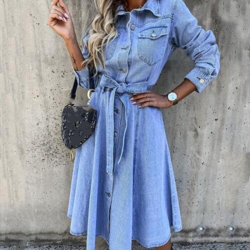 Autumn blue denim dress Fashion streetwear long sleeve turn-down collar pocket button up safari dress female vestido vaquero