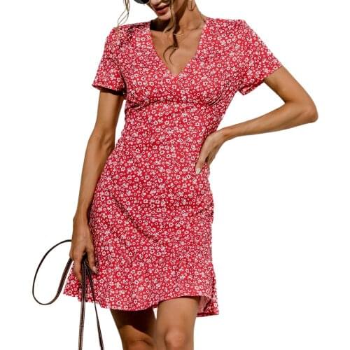 Women Floral Print Short Dress Summer Femme Bohemian V Neck Short Sleeve Holiday Beach Vestidos Slim Fit Mini Dress AM3062