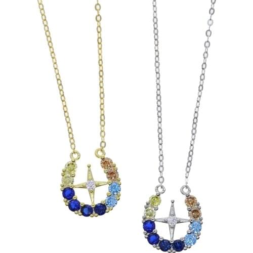 100% 925 Sterling Silver Fine Jewelry Micro Pave Yellow Blue CZ Starburst Horn Charm Women Necklace