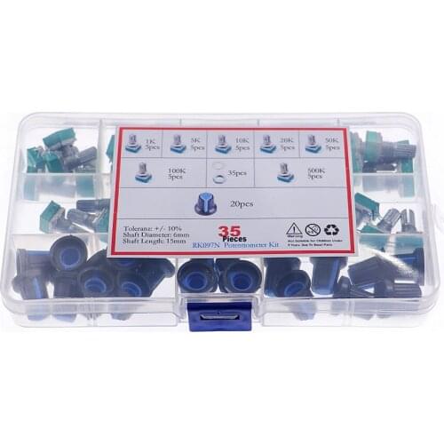 35pcs audio 3pin shaft 15mm amplifier sealing potentiometer kit Box 1K/5K/10K/50K/100K/500K with knob