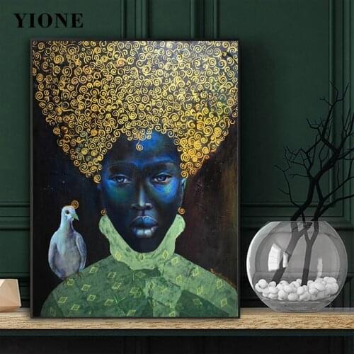 Abstract African Black Woman with Bird Art Oil Painting Vintage Portrait Canvas Print Picture for Living Bedroom Wall Poster