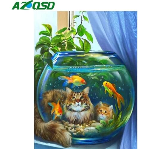 AZQSD Cat Diamond Art Painting Animal Full Square Diamond Embroidery Sale Goldfish Picture Of Rhinestones Home Decor 5d Diy
