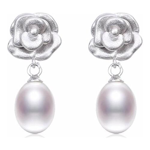 Free shipping romantic rose solid 925 sterling silver flower high quality luxury wedding jewelry real natural pearl dro hot sell