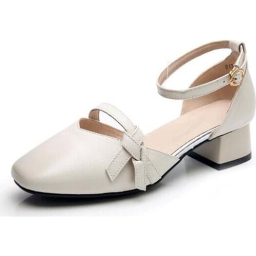 Top Cowhide Square Head Fashion Leather Sandals 2020 New Summer Popular Elegant High Heel Sandals Comfort Non-slip Women Sandals