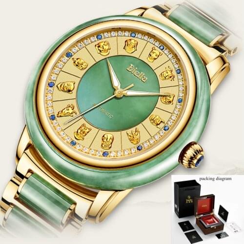 Luxury Brand Top natural Jade Wristwatch Women gold-plated diamond Couple Watch Fashion 12 Zodiac embossed Business Men Clock