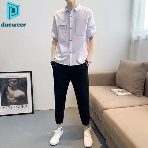 DUEWEER Men Casual Sports Suit Summer Short-Sleeved Shirt Casual Ankle Tie Trousers Pants Men Loose Plus Size Two-Piece Set
