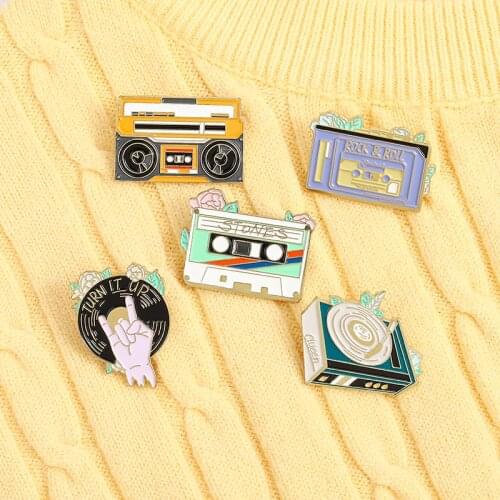 Rock & ROLL Enamel Pin turn it up Disc Player Music Tape Cassette Brooch Bag Lapel Pin Old School Badge Jewelry Gift for Friends