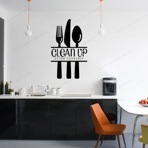 Kitchen Clean Up Quote Wall Sticker Kitchen Spoon Forks Knife Wall Decal Removable Wall Stickers Home DecorationHJ196