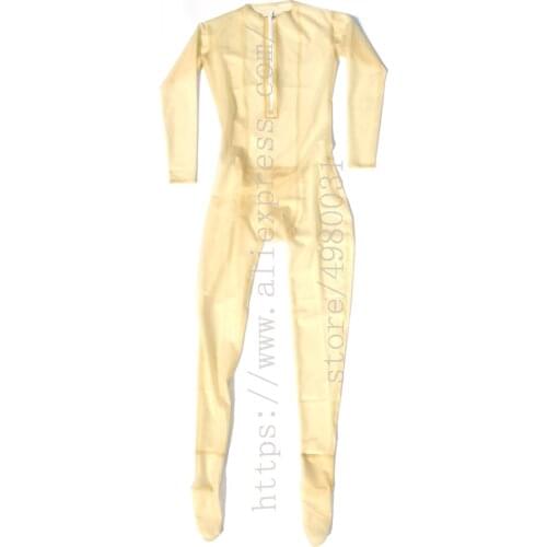 0.3mm thickness latex Zentai catsuit with feet womens latex suit neck entry open crotch no zip in transparent color