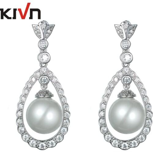 KIVN Fashion Jewelry Luxury Dangle CZ Cubic Zirconia Womens Girls Wedding Bridal Simulated Pearl Earrings Birthday Gifts