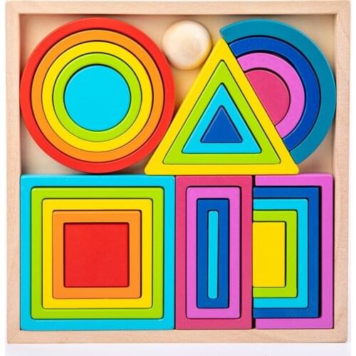 Montessori Building Blocks Set Rainbow Wood Box Frame Geometric Shape Stacking Towers Early Education Toys for Children Kid Baby