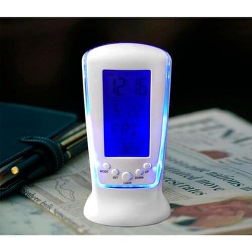 LED Blue Luminous Digital Mini Desk Clock with Electronic Calendar Thermometer Led Table Clock 7 Sounds Alarm Clock 13*6*5.5cm