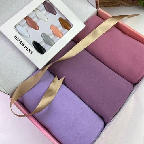 New Elegant Women Bubble Chiffon Hijab Scarf Femme Musulman Soft Plain Headscarf Islamic Shawls and Wraps Hijab Gift Box