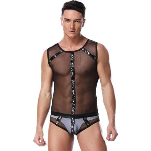 New Style Mens Black Skinny Sexy Lingerie Male Cosplay Costumes Hot Erotic Transparent Jumpsuit Halloween Role Play Game Clothes