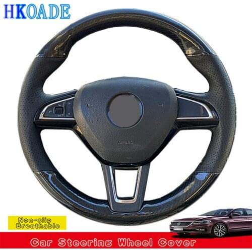 DIY Black Genuine Leather Car Products Steering Wheel Cover For Skoda Roomster 2013-2016 Citigo Fabia 2013-2019 Rapid 2012-2019