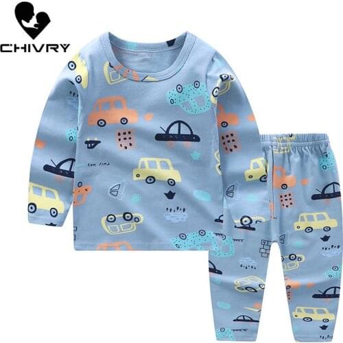 New Kids Boys Girls Pajama Sets Cartoon Print Long Sleeve O-Neck T-Shirt Tops with Pants Toddler Baby Autumn Sleeping Clothing
