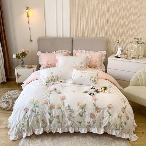 Natural Healthy Skin Washed Cotton Princess Bedding Set Flowers Embroidery Ruffles Duvet Cover Quilt Cover Bed Linen Pillowcases