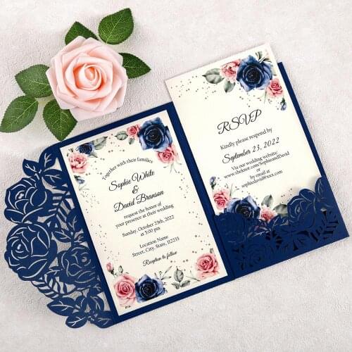 100pcs Blue Hollow Rose Flower Wedding Invitations with Customized Cards for Wedding Party