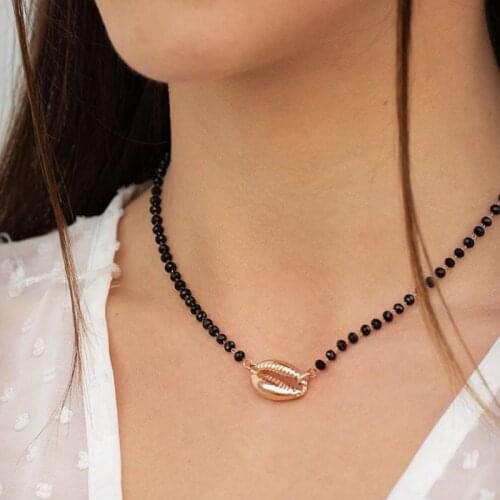 Tocona Bohemian Black Bead Chain Choker Necklace for Women Gold Color Shell Alloy Metal Adjustable Jewelry Collar A13102