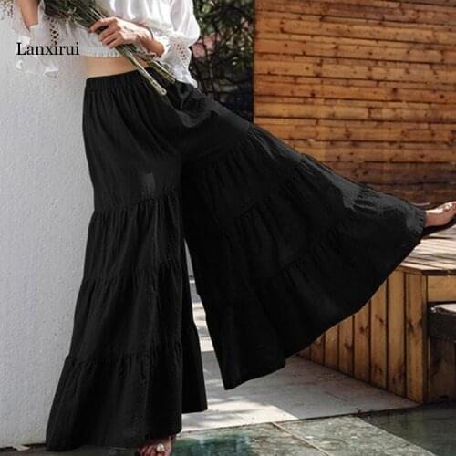 Vintage Womens Wide Leg Trousers Solid Pants Casual Elastic Waist Long Pantalon Palazzo Female Plus Size Turnip