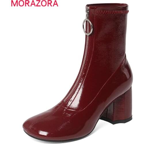 MORAZORA 2022 New Arrive Patent Leather Slim Stretch Boots Women High Heels Party Shoes Zip Round Toe Fashion Ankle Boots Woman