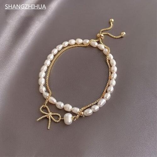 Elegant Natural Pearl Bow Gold Suit Detachable Bracelet For Woman New Korean Fashion Jewelry Lady Sweet Temperament Bracelet
