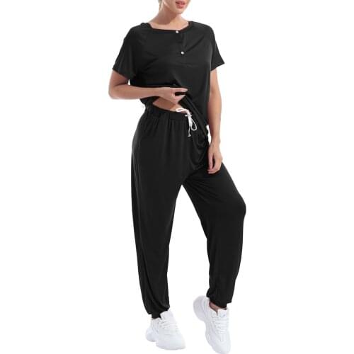 Women 2Pcs Sports Set Short Sleeves T-shirt Drawstring Pants Set Sport Leisure Wear Casual Suit