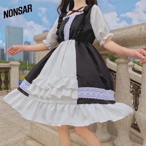 NONSAR Homemade Classical Black Dress Soft Girl Lolita Dress Cute Student Light Short Sleeve Big Swing For Women