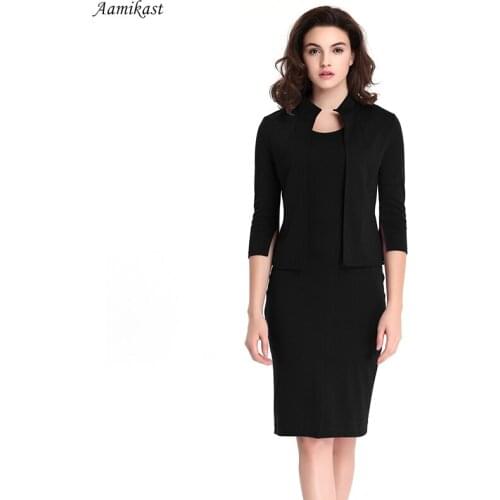 AAMIKAST 2019 Womens Elegant Collar Colorblock Optical Illusion Patchwork Faux Twinset Wear to Work Office Sheath Bodycon Dress