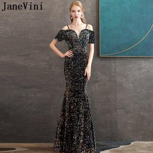 JaneVini Luxury Sequined Prom Dresses 2020 Long Mermaid for Women Jurken Evening Party Night Dress Short Sleeves Formal Gowns