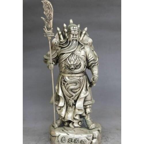 10" Chinese Silver Ancient Guangong Guan Gong Yu Warrior God Hold Knife Statue
