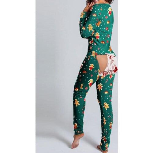2020 Women Fashion Elegant Casual Christmas Print Functional Buttoned Flap Adults Pajamas Jumpsuits Homewear