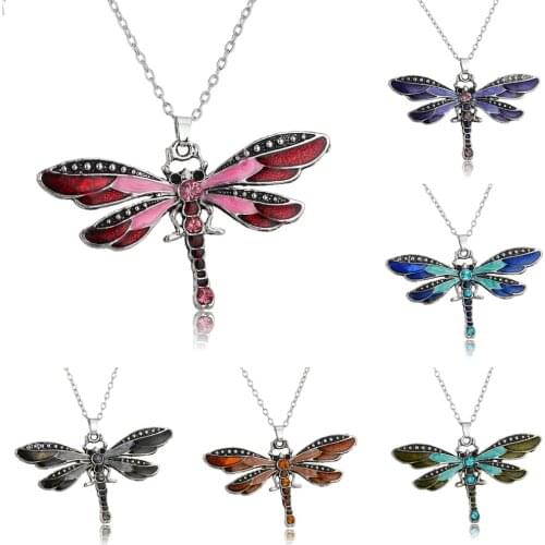 Bespmosp 6PCS Charm Colorful Vintage Antique Enamel Crystal Jewelry Pendants Necklace Bohemian Dragonfly Animal Women Collier