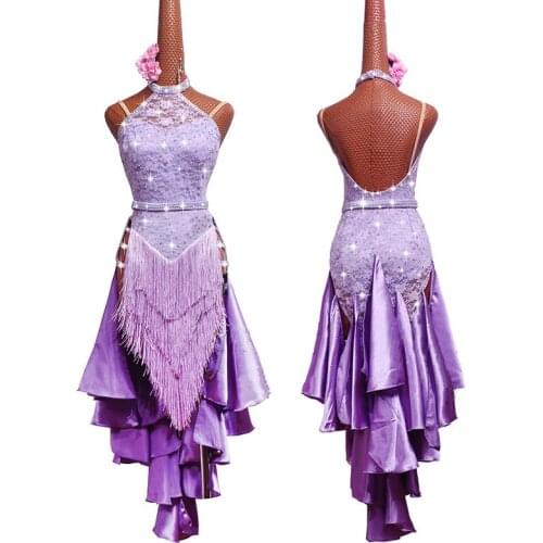 Shiny Rhinestones Latin Dance Dress Women Performances Costumes Noble Purple Lace High Slits Fringe Latin Skirt Festive dresses