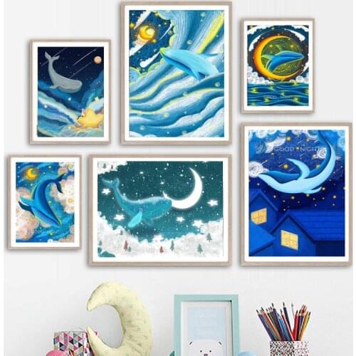 Dolphins Waves Starry Sky Planets Moon Stars Wall Art Canvas Painting Nordic Posters And Prints Wall Pictures Kids Room Decor