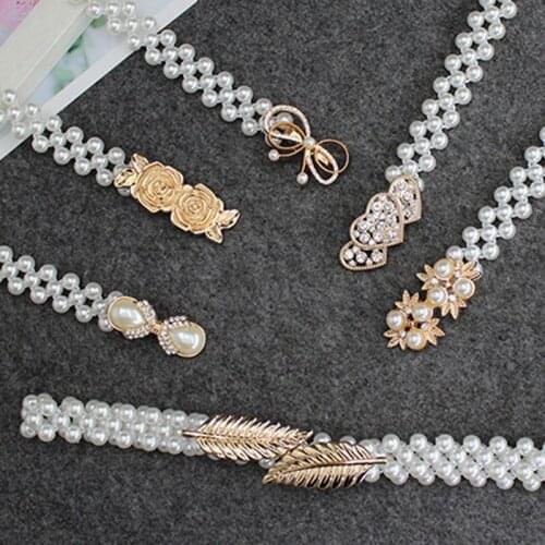 Fashion Elegant Women Pearl Belt Waist Belt Elastic Buckle Pearl Chain Belt Female Girls Dress Crystal Strap