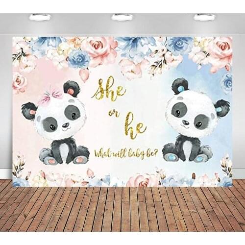Panda Flowers Gender Reveal Party Backdrop Pink Blue He or She What Will Baby Be Glitter Leaves Boy or Girl Women Pregnancy Prop