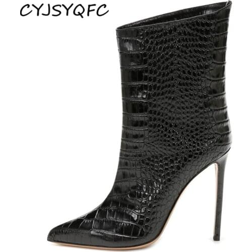 CYJSYQFC Luxury Brand Women Winter Ankel Boots Pointed Toe Thin High Heels Shoes Embossed Leather Metal Golden Lady Short Boots