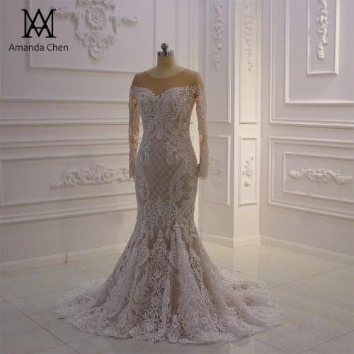 Robe de mariee courte Long Sleeve Lace Appliques Champagne Mermaid Wedding Dress