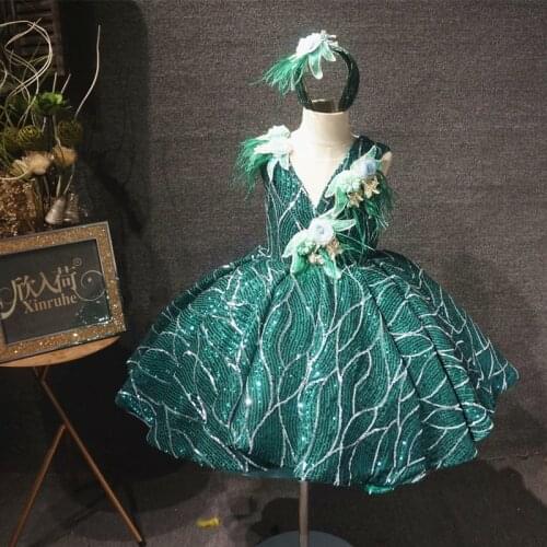 Sparkly Green Strip Sequins Baby Girls Dresses for Birthday Party Kids Clothes Children Birthday Gown Pageant Dress Real Photos