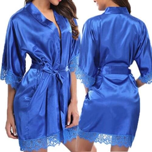 Womens Satin Silk Woman Lace Robe Female Lace Bathrobe Womens Robes Sleepwear Ladies Sexy Robe For Women