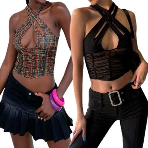 Women Sexy Hollow Out Vest Solid Color Plaid Printed Pattern Halter Neck Crop Fashion Beauty and Stylish Tops